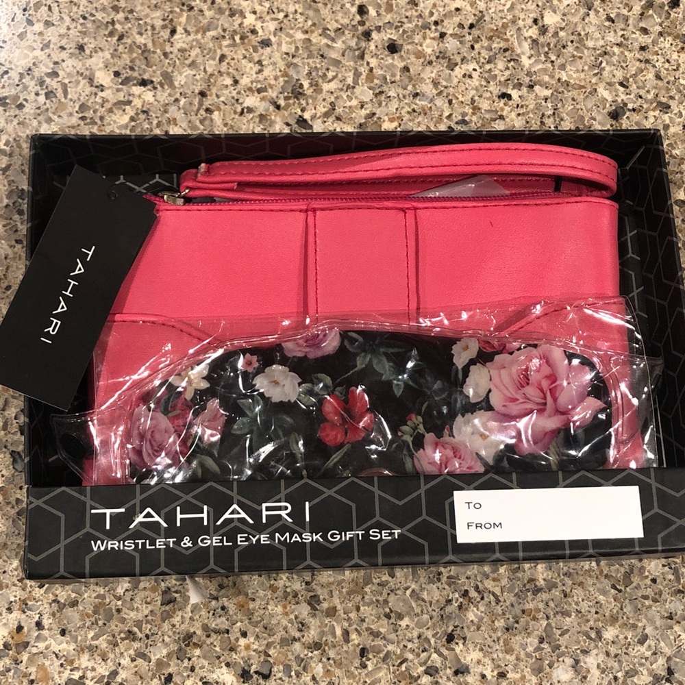 Tahari Pink Wristlet with Floral Eye Mask Vegan Leather New